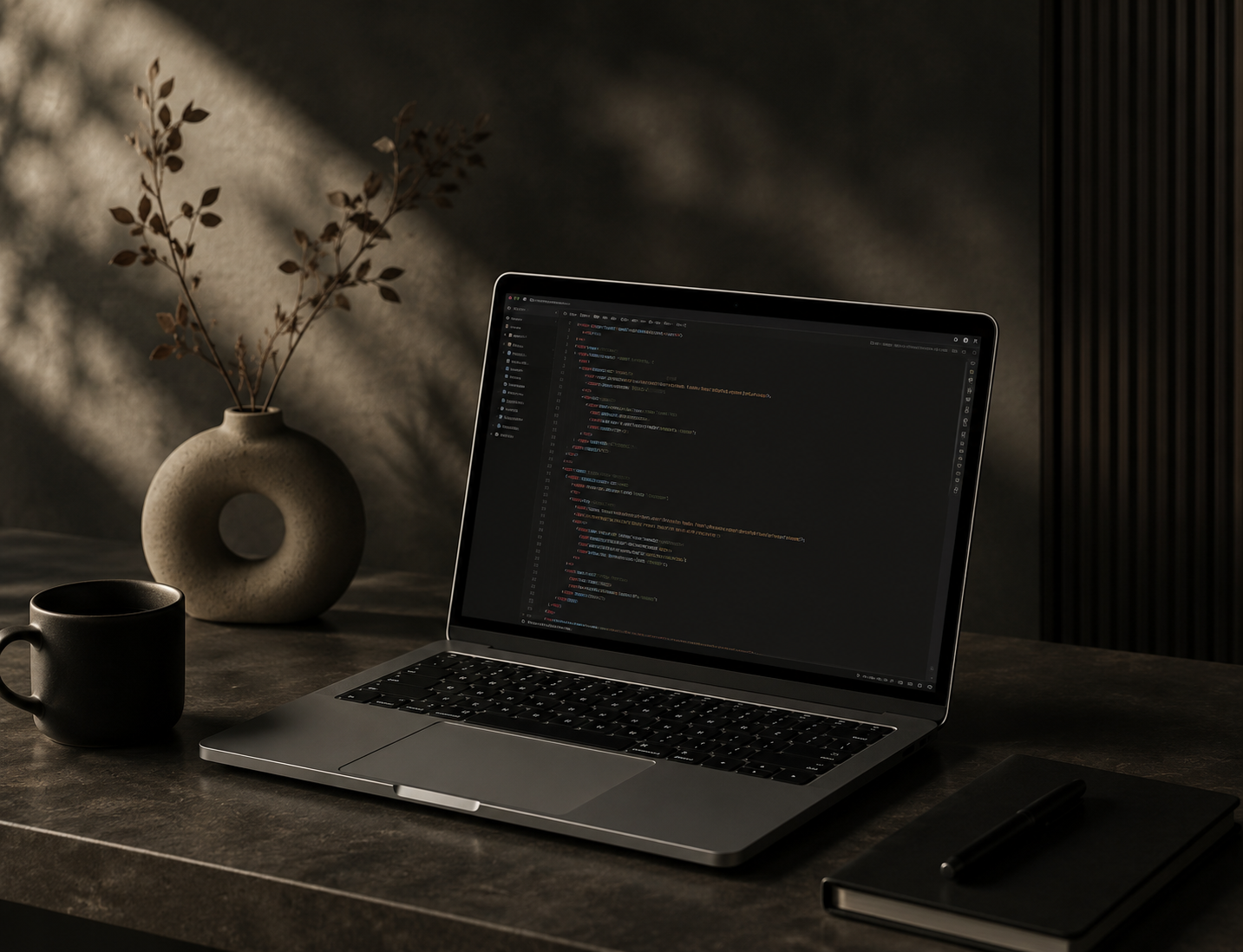 Anka stüdyosunda kod editörü açık bir MacBook — web sitesi ve yazılım geliştirme